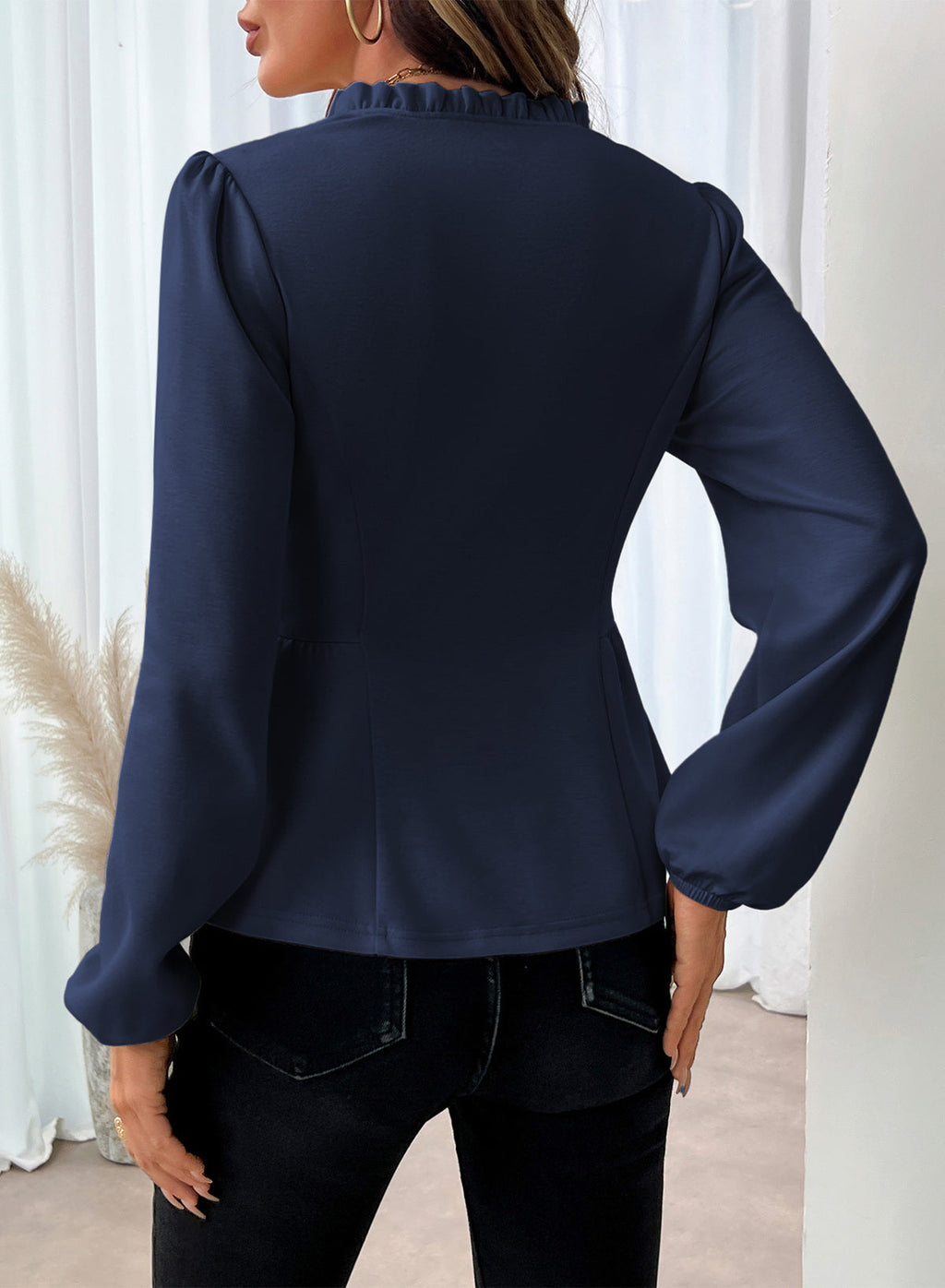 Womens Tops Ruffle Trim V Neck Peplum Babydoll Long Sleeve Shirts