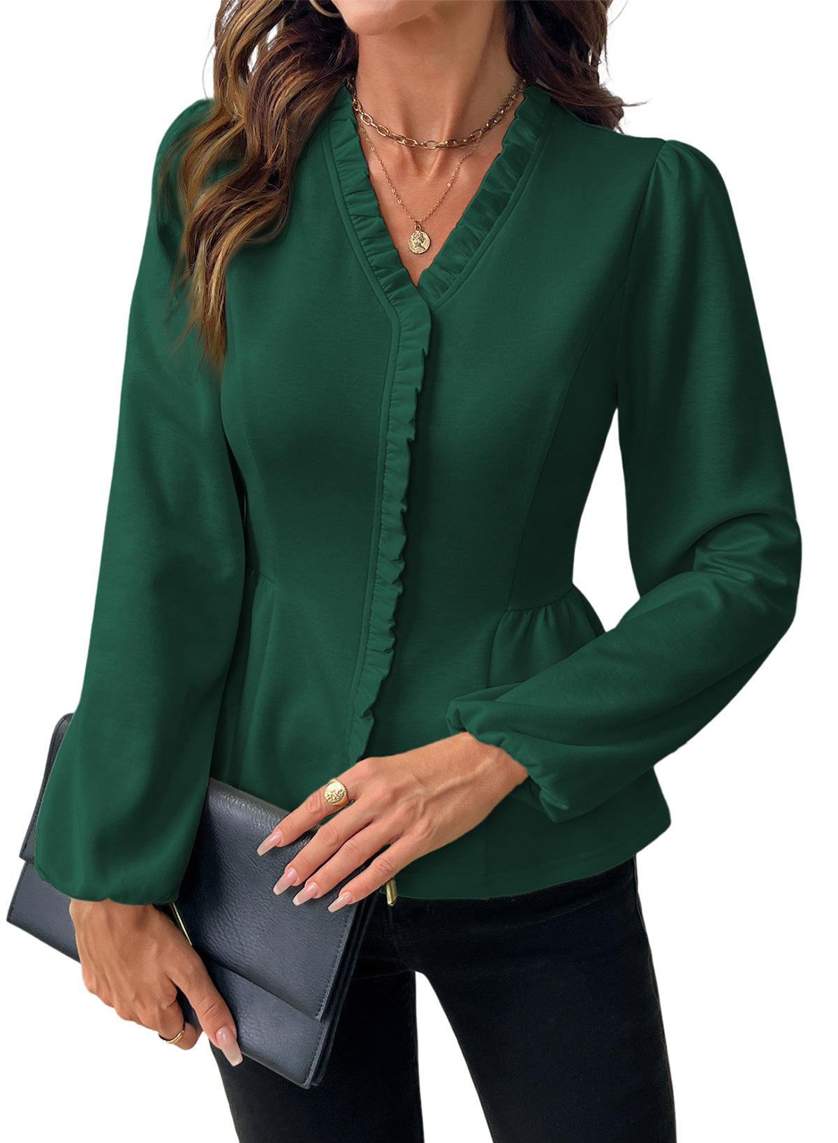 Womens Tops Ruffle Trim V Neck Peplum Babydoll Long Sleeve Shirts