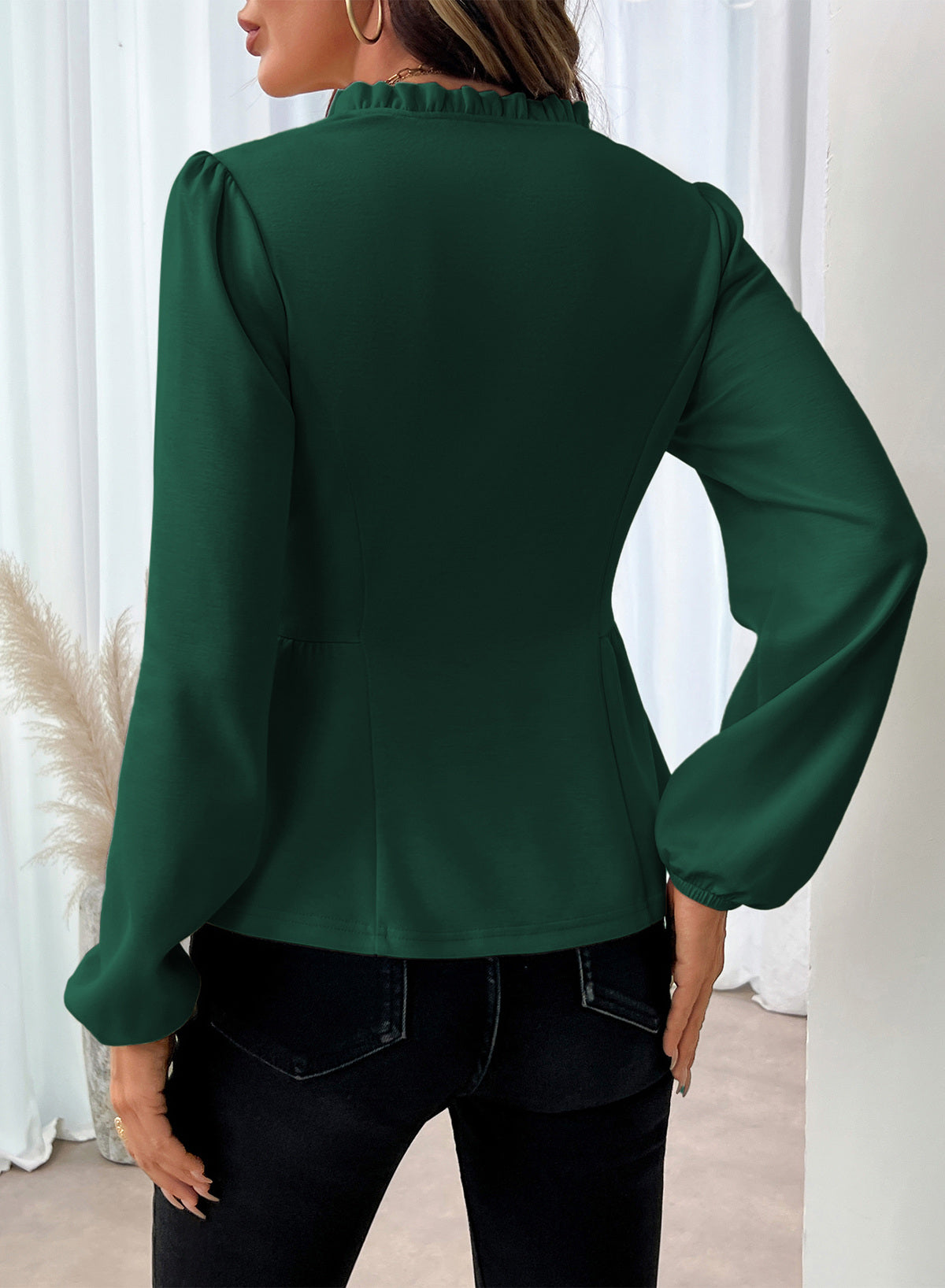 Womens Tops Ruffle Trim V Neck Peplum Babydoll Long Sleeve Shirts