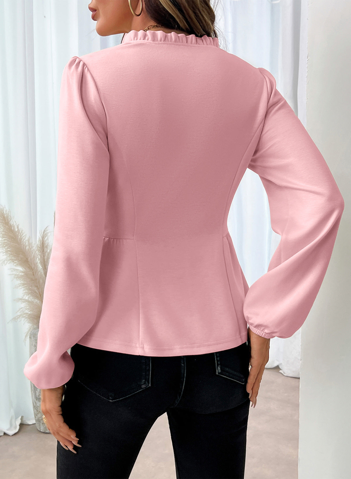 Womens Tops Ruffle Trim V Neck Peplum Babydoll Long Sleeve Shirts