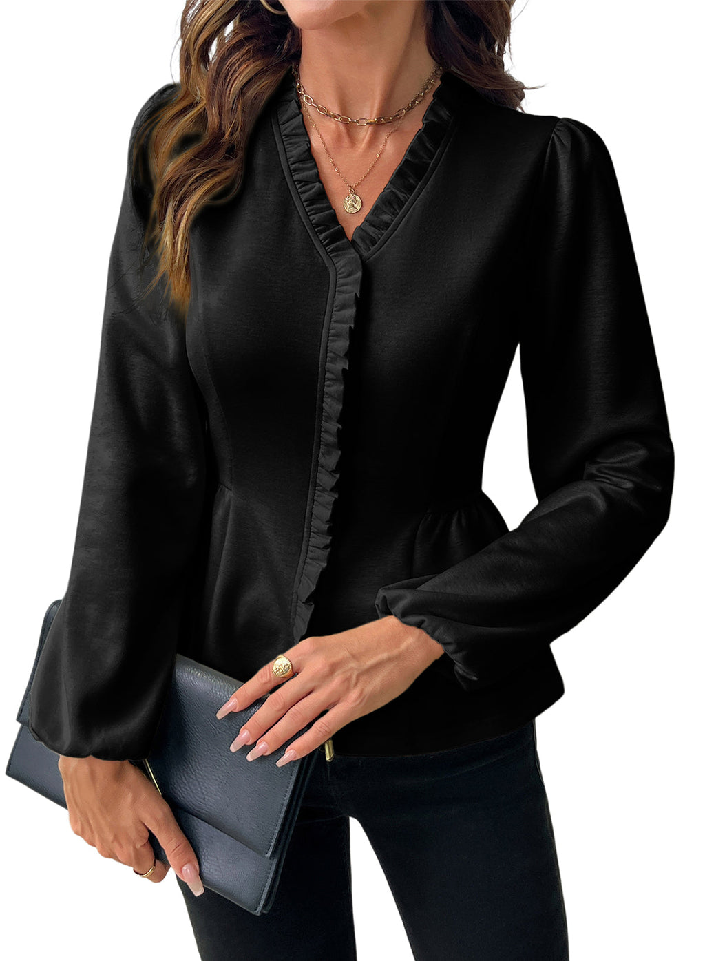 Womens Tops Ruffle Trim V Neck Peplum Babydoll Long Sleeve Shirts