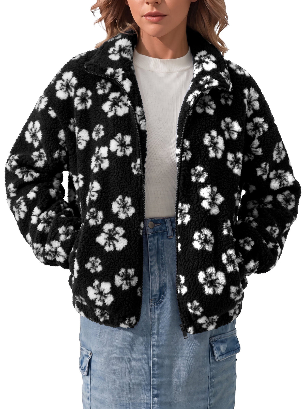 Zip Front Floral Sherpa Fleece Jacket