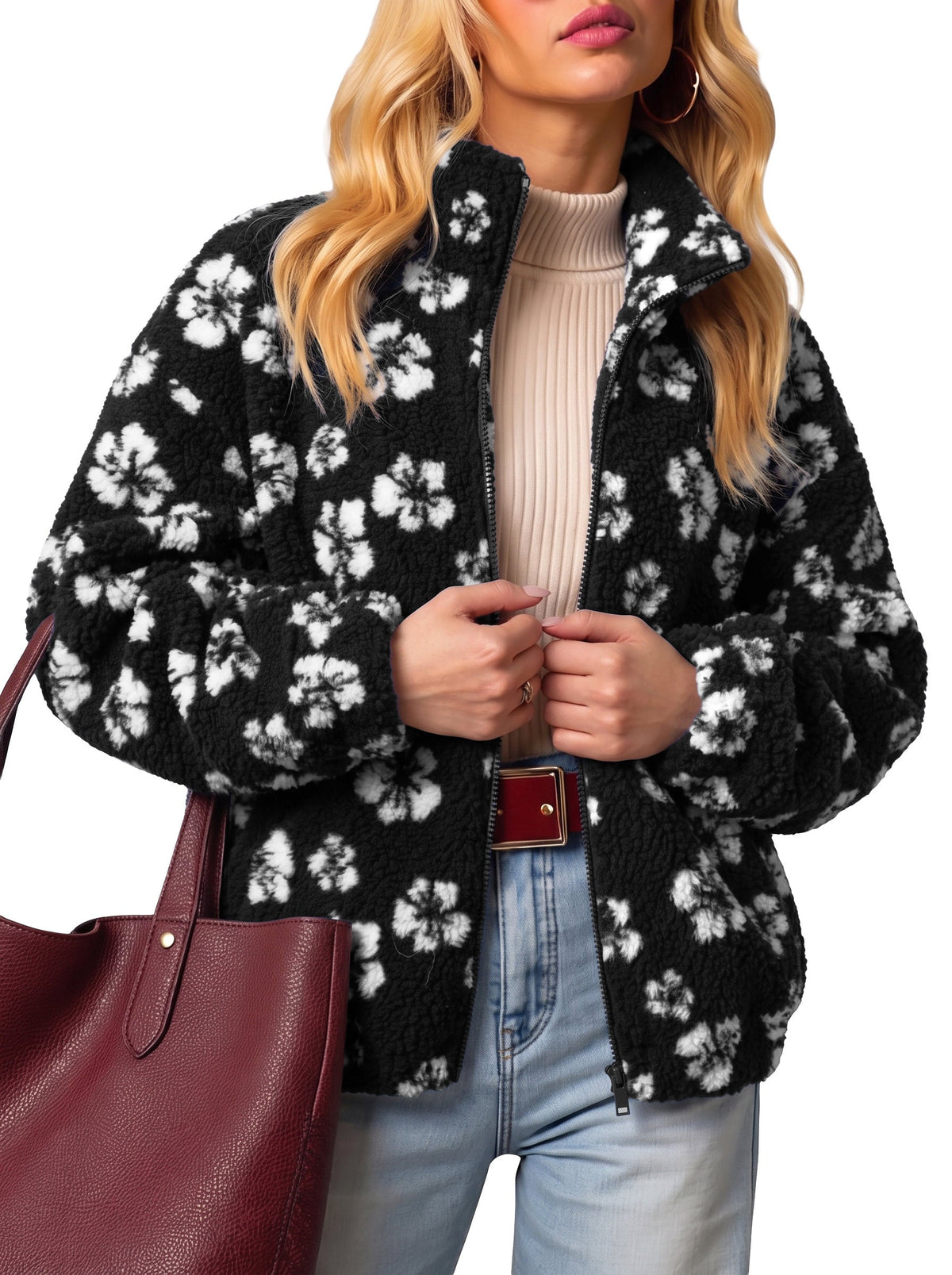 Zip Front Floral Sherpa Fleece Jacket