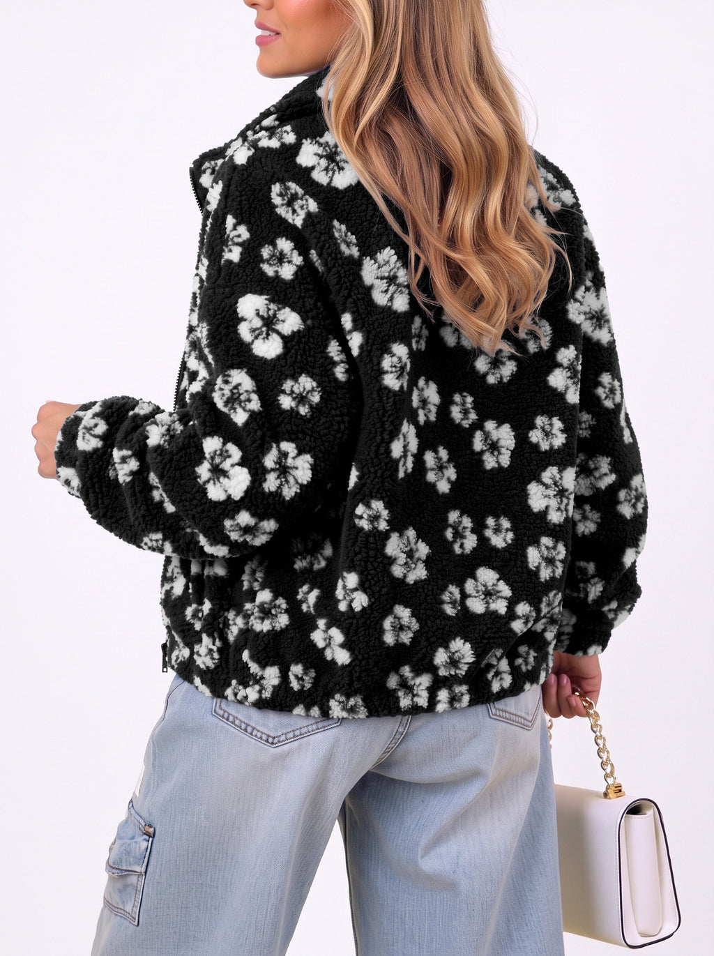 Zip Front Floral Sherpa Fleece Jacket