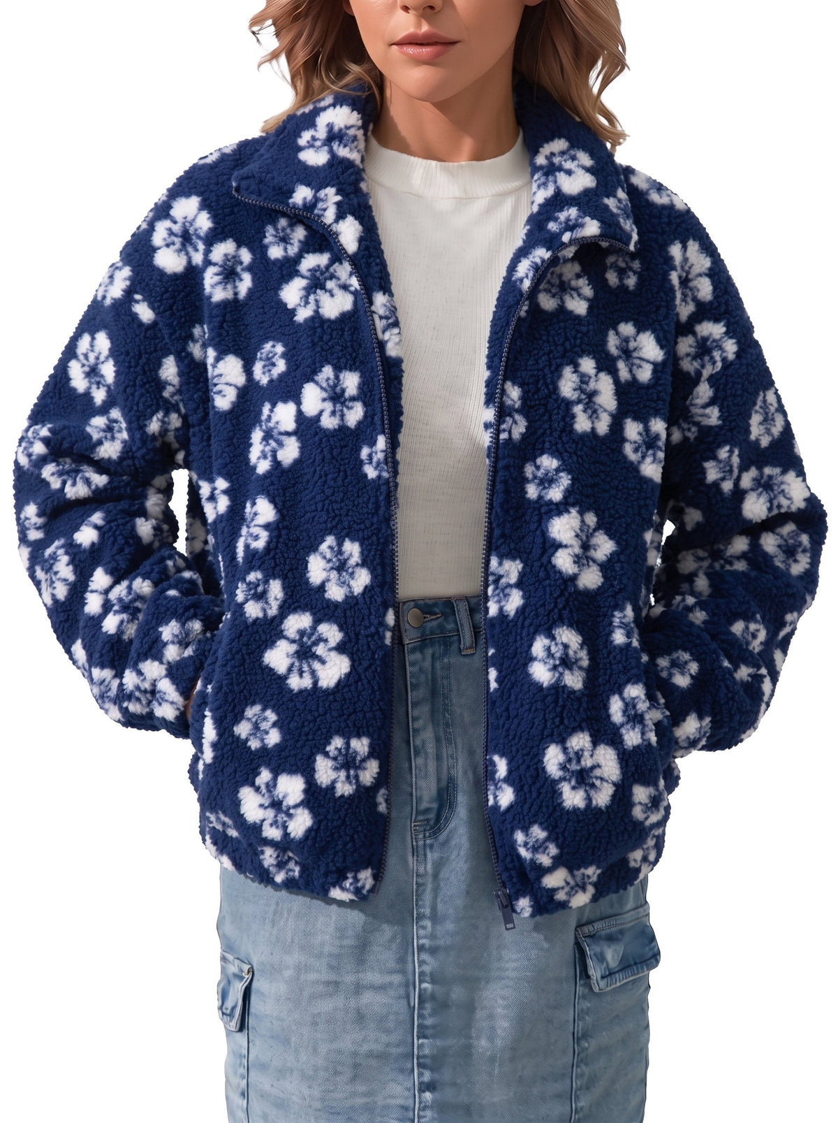 Zip Front Floral Sherpa Fleece Jacket