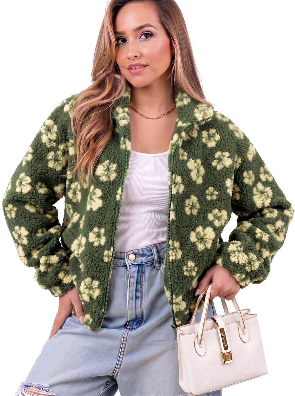 Zip Front Floral Sherpa Fleece Jacket
