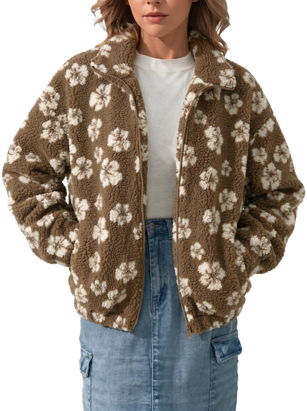Zip Front Floral Sherpa Fleece Jacket