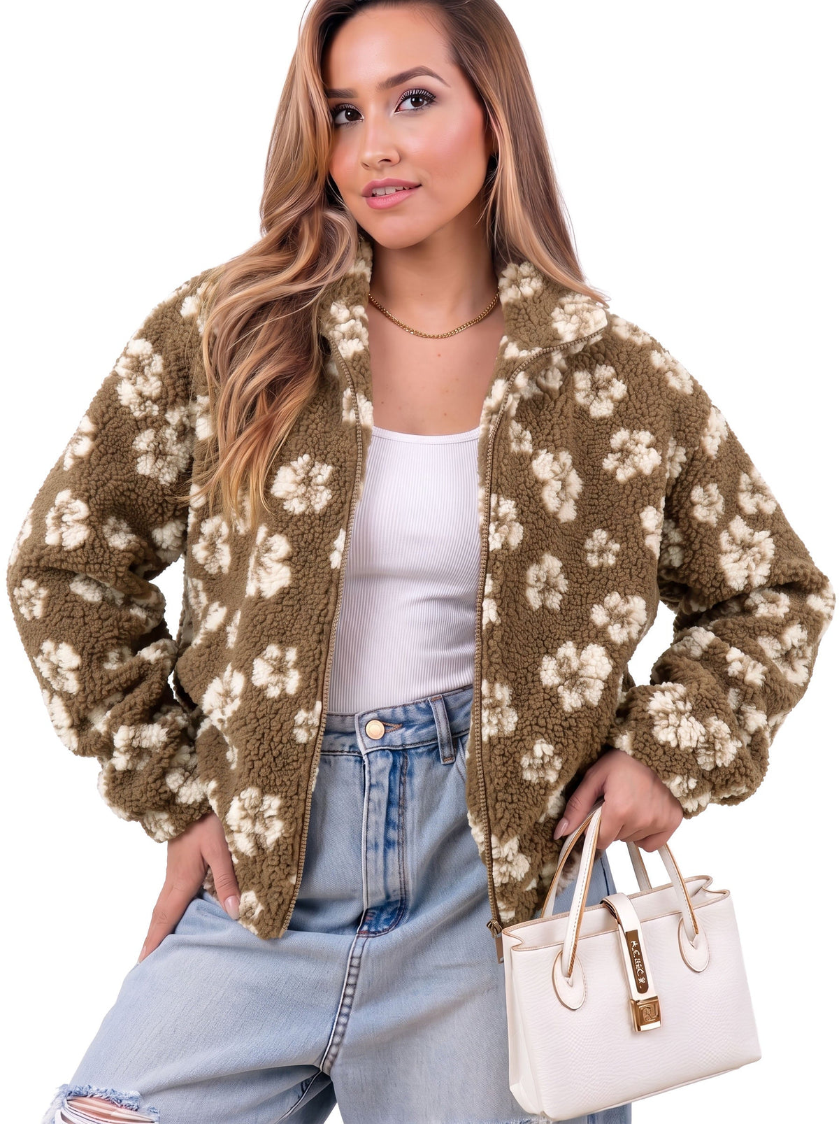 Zip Front Floral Sherpa Fleece Jacket