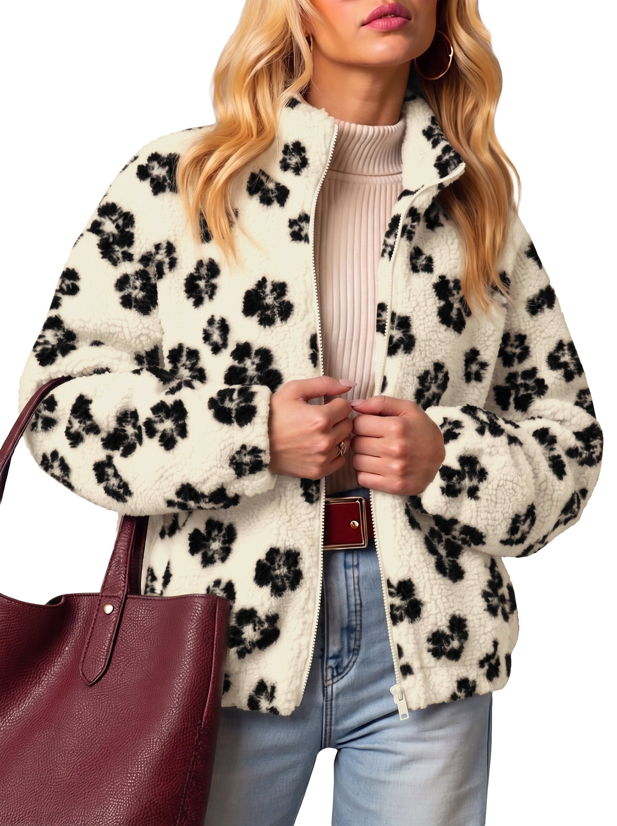 Zip Front Floral Sherpa Fleece Jacket