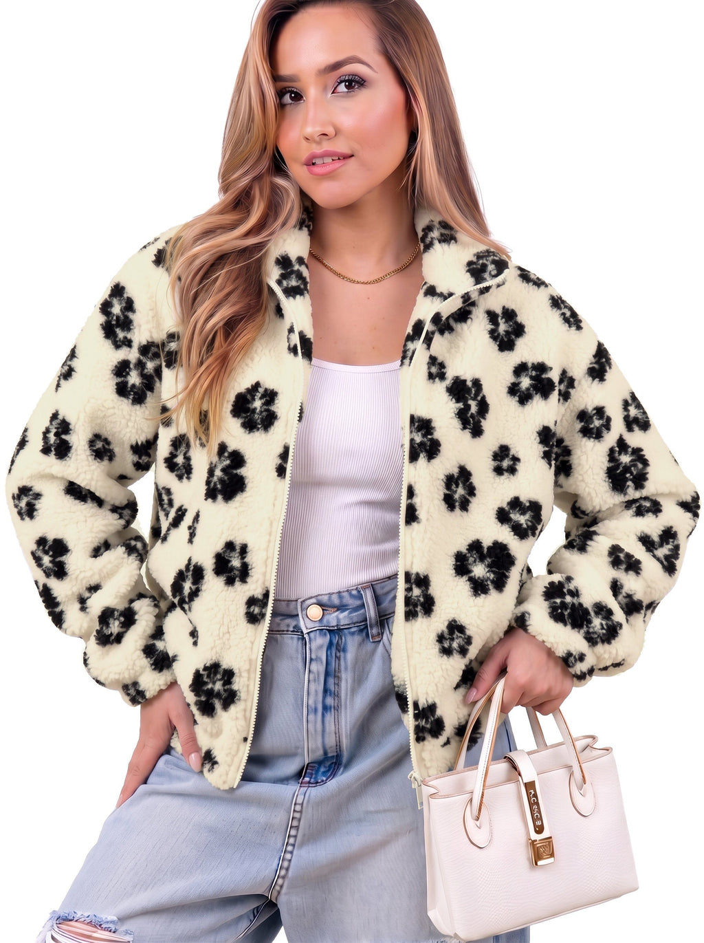 Zip Front Floral Sherpa Fleece Jacket