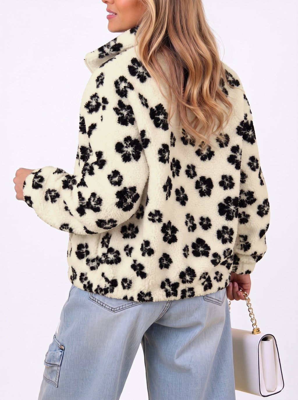 Zip Front Floral Sherpa Fleece Jacket
