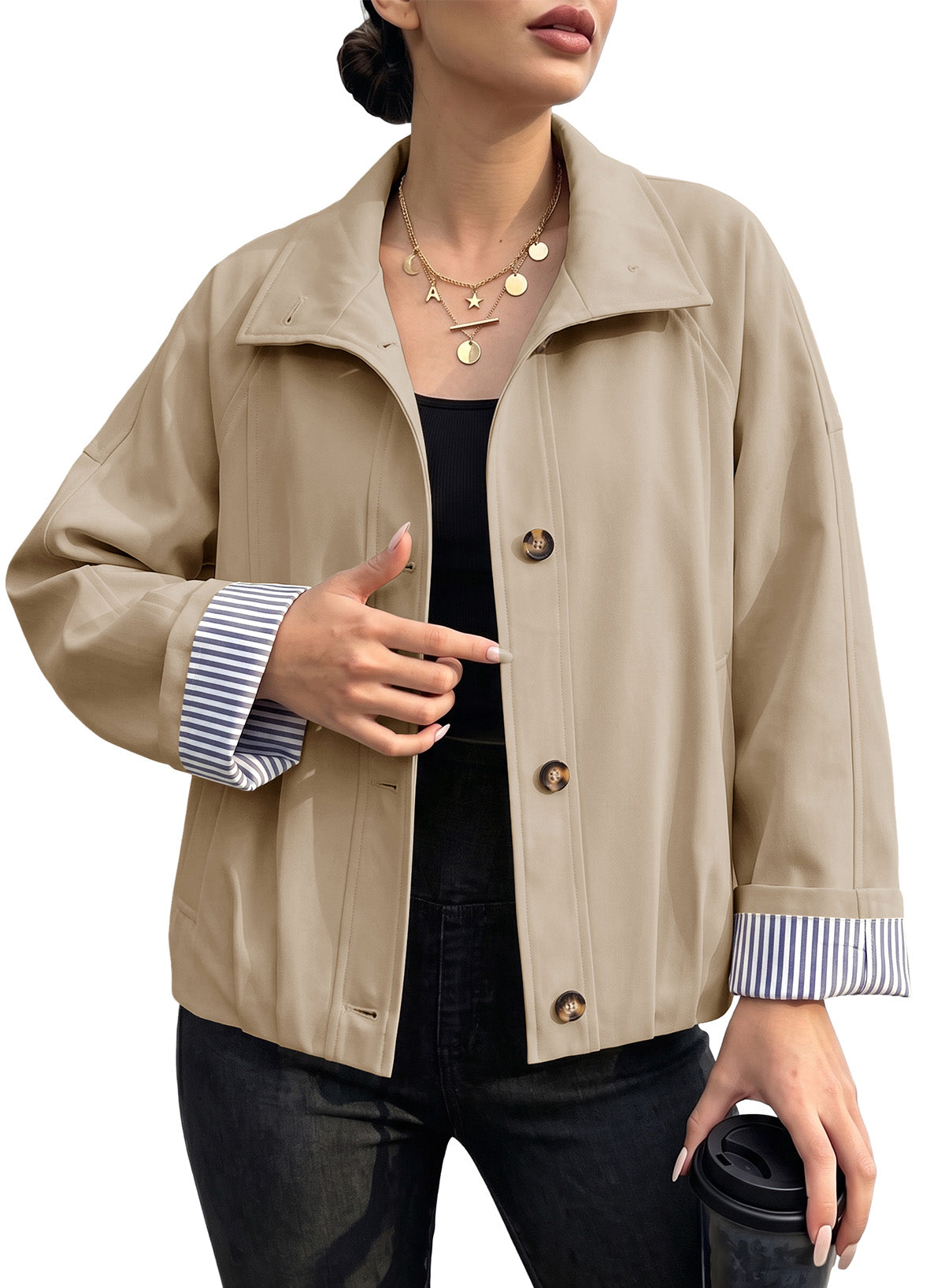 Dokotoo Womens Cropped Jacket Striped Lining Lightweight Casual Trench Coat