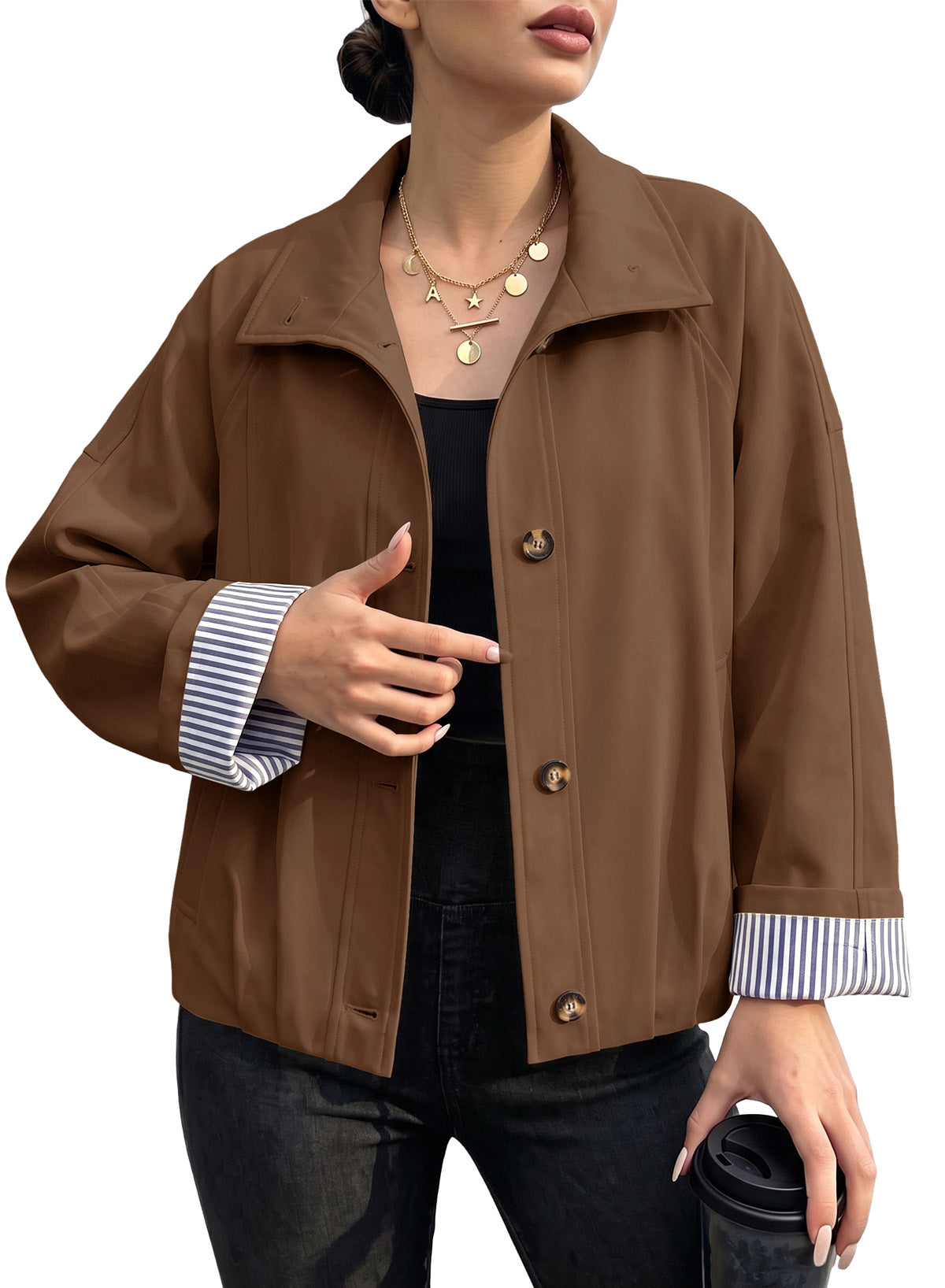 Dokotoo Womens Cropped Jacket Striped Lining Lightweight Casual Trench Coat