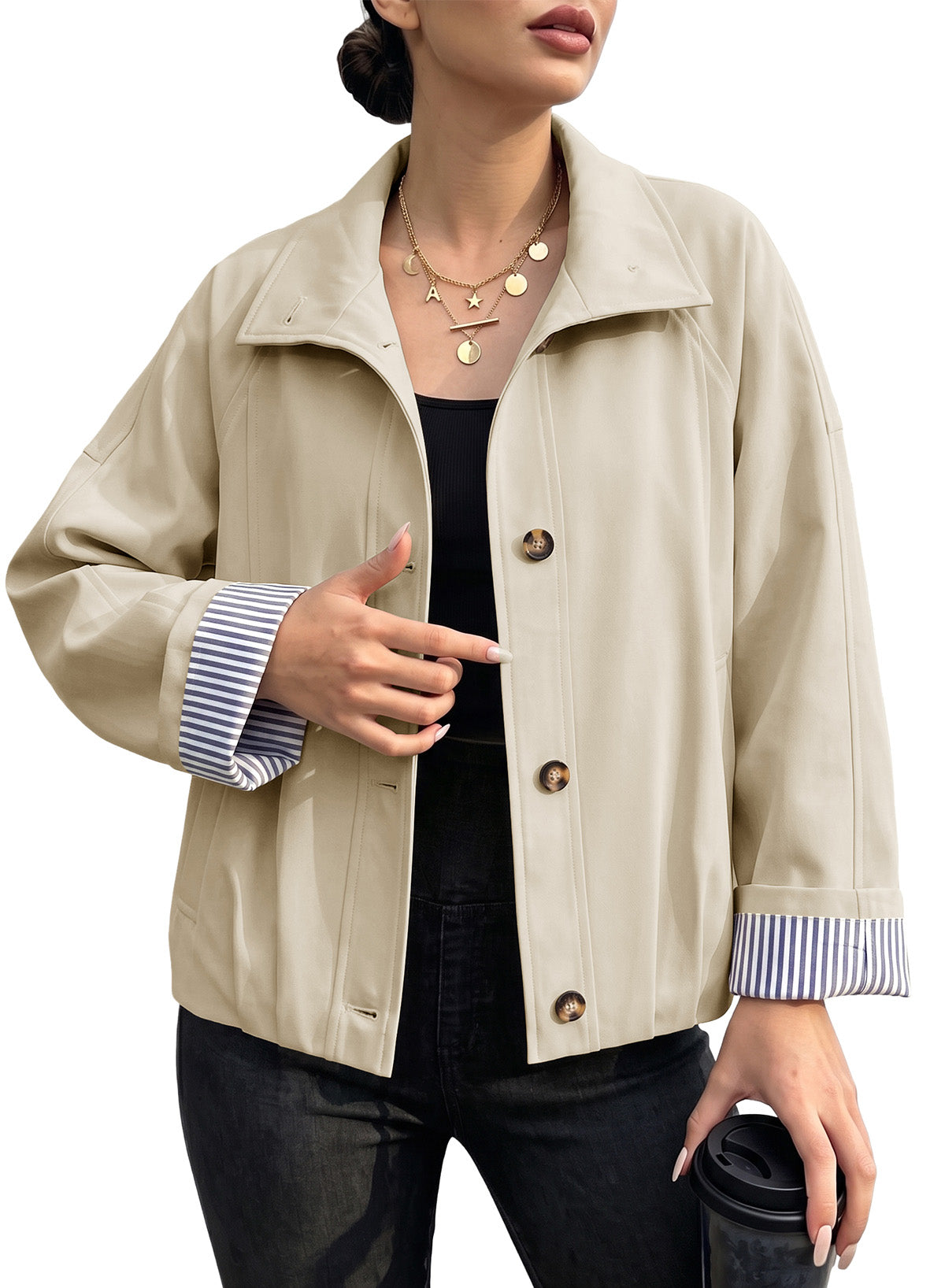 Dokotoo Womens Cropped Jacket Striped Lining Lightweight Casual Trench Coat
