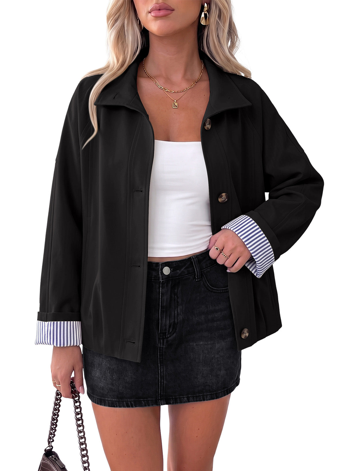Dokotoo Womens Cropped Jacket Striped Lining Lightweight Casual Trench Coat