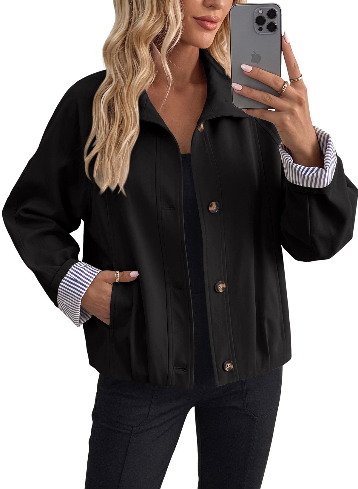 Dokotoo Womens Cropped Jacket Striped Lining Lightweight Casual Trench Coat