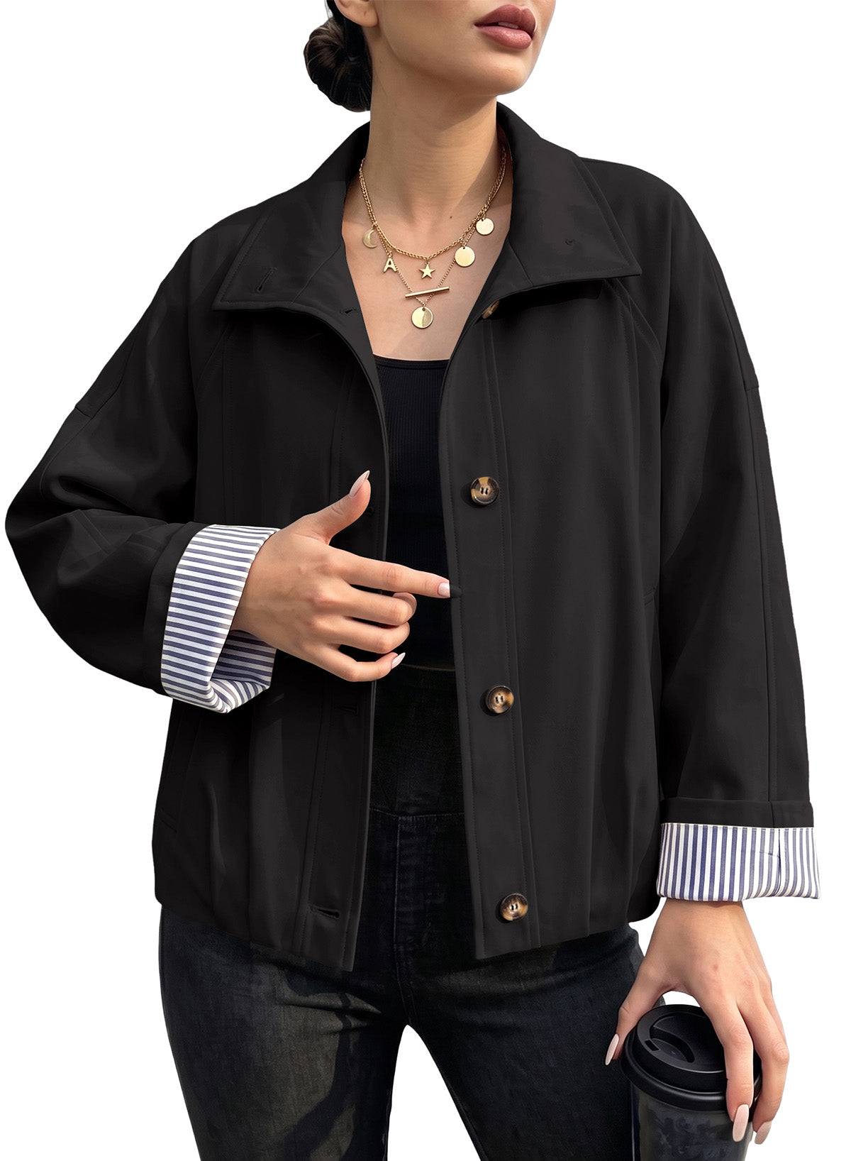 Dokotoo Womens Cropped Jacket Striped Lining Lightweight Casual Trench Coat