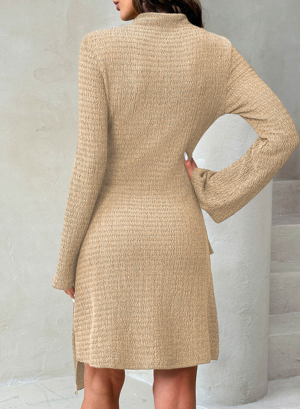Womens Bell Long Sleeve Mock Neck Tie Waist Ruched Mini Dresses
