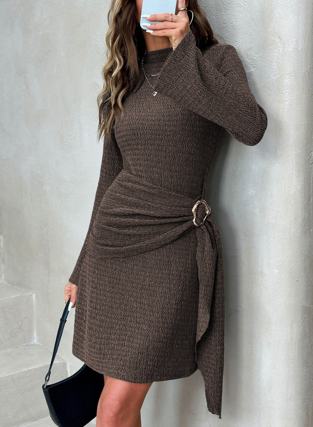 Womens Bell Long Sleeve Mock Neck Tie Waist Ruched Mini Dresses