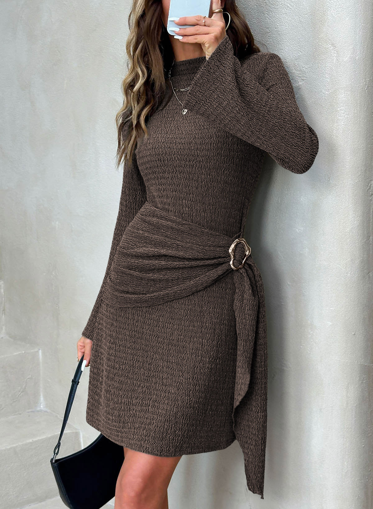 Womens Bell Long Sleeve Mock Neck Tie Waist Ruched Mini Dresses