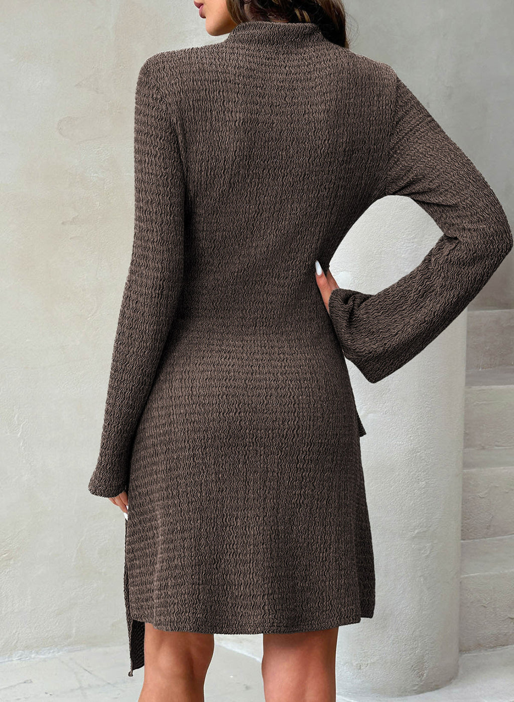 Womens Bell Long Sleeve Mock Neck Tie Waist Ruched Mini Dresses