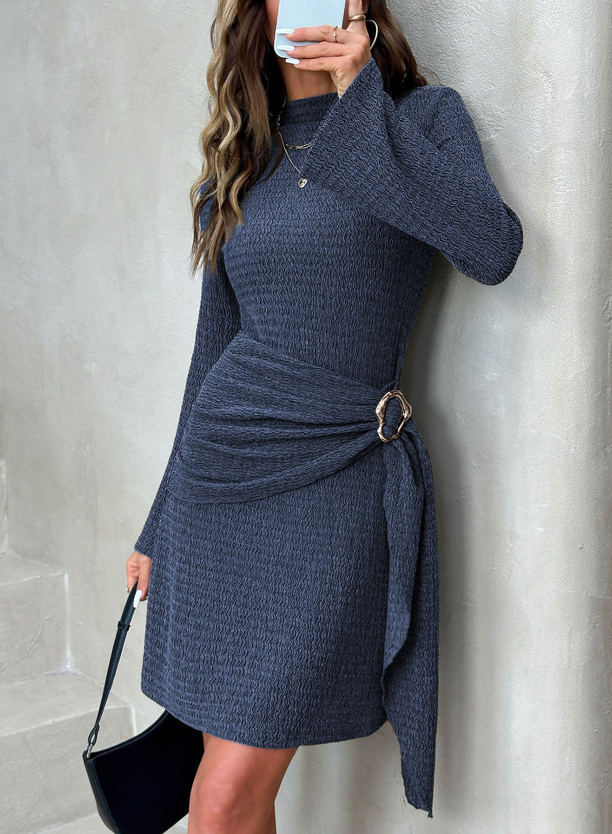 Womens Bell Long Sleeve Mock Neck Tie Waist Ruched Mini Dresses