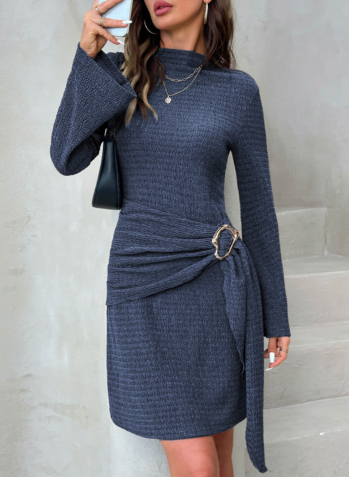 Womens Bell Long Sleeve Mock Neck Tie Waist Ruched Mini Dresses