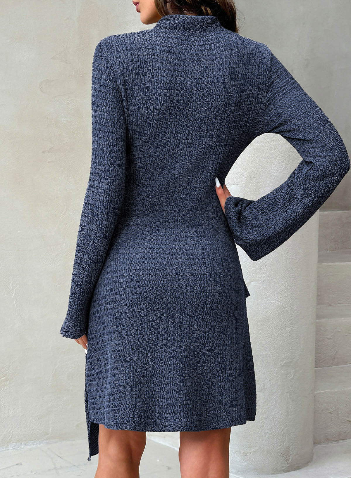 Womens Bell Long Sleeve Mock Neck Tie Waist Ruched Mini Dresses