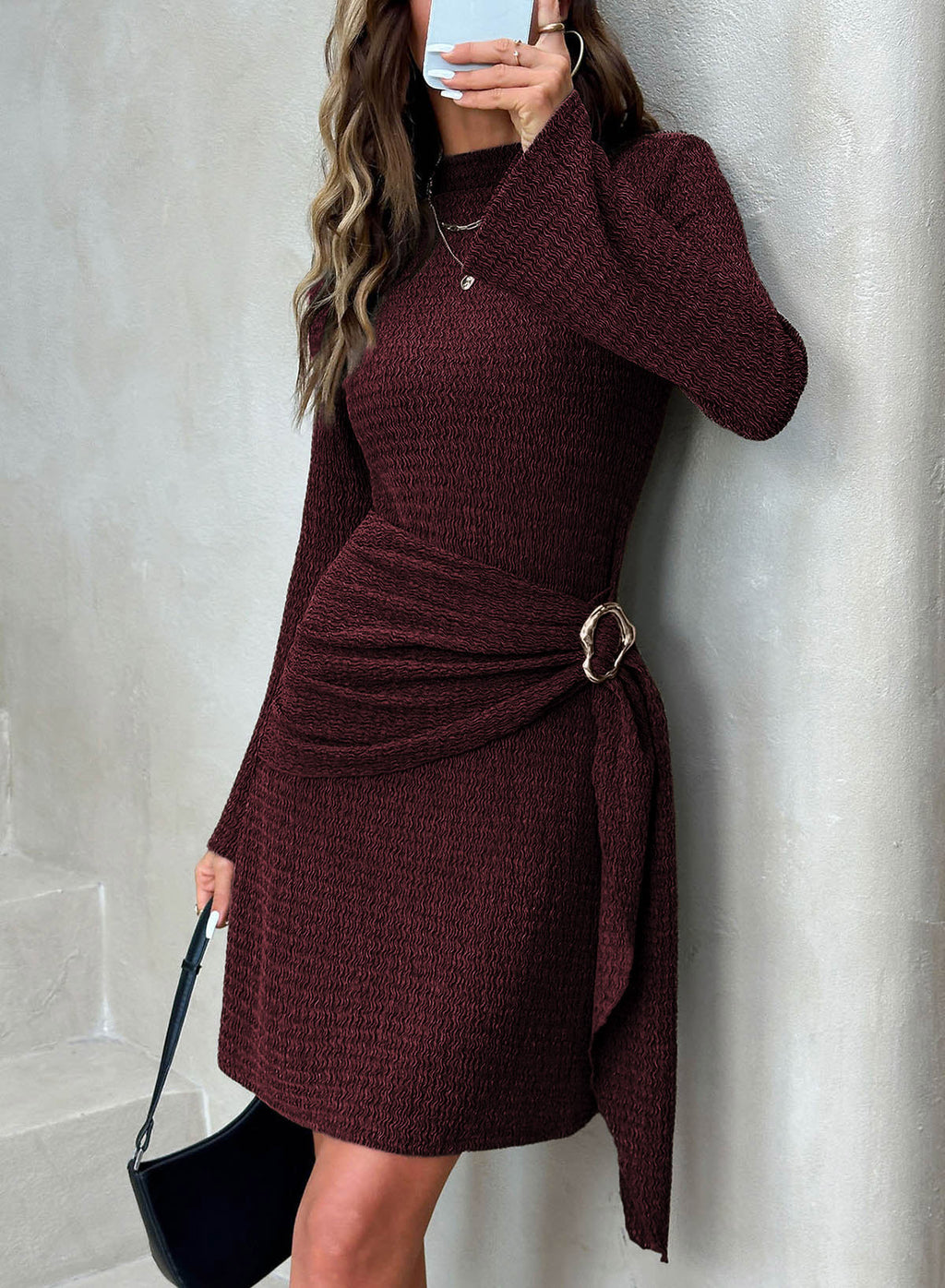Womens Bell Long Sleeve Mock Neck Tie Waist Ruched Mini Dresses