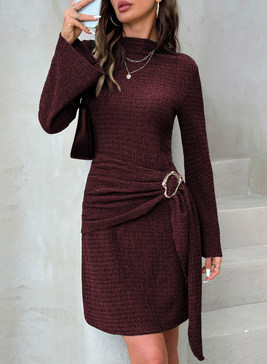 Womens Bell Long Sleeve Mock Neck Tie Waist Ruched Mini Dresses
