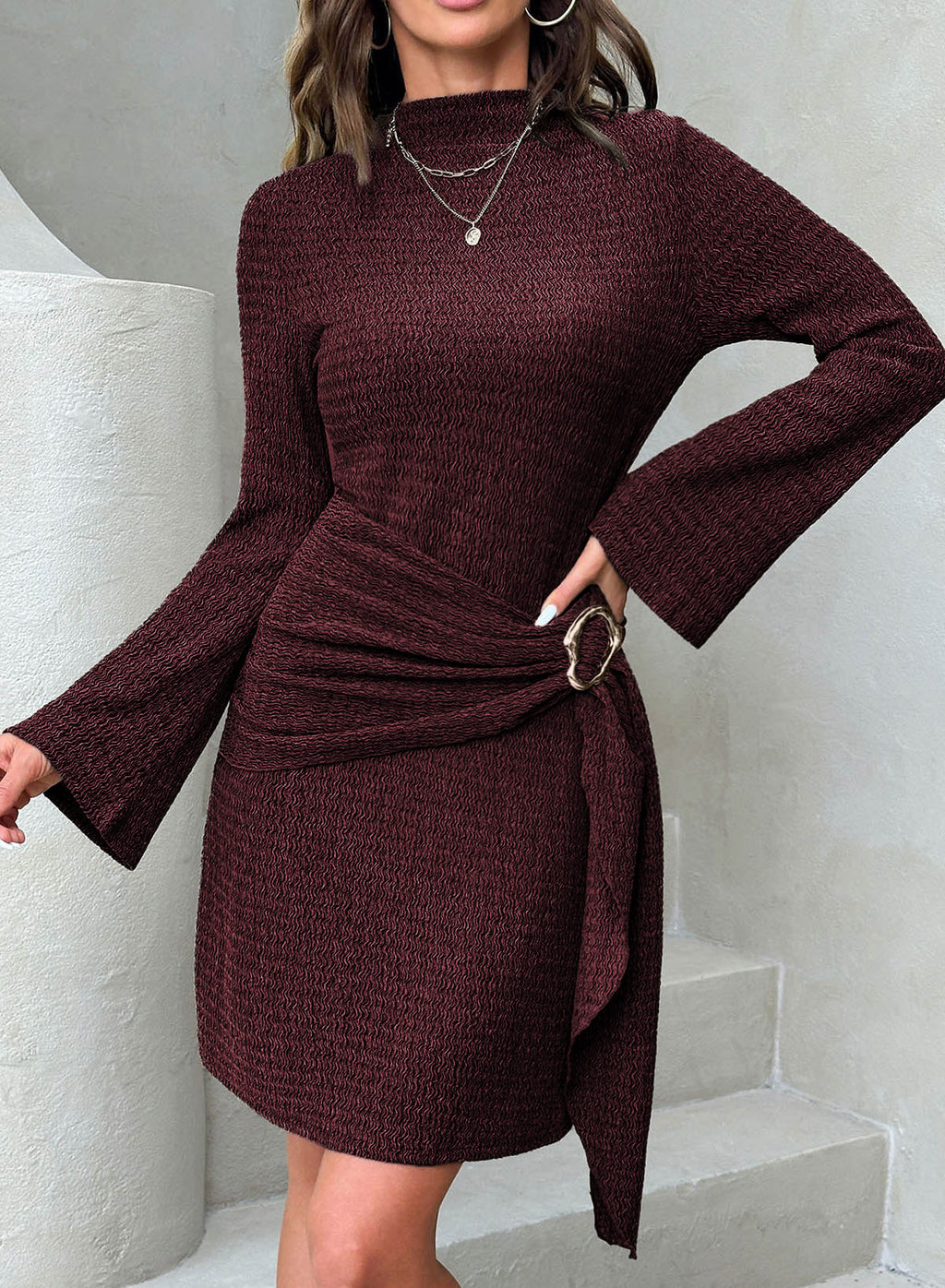Womens Bell Long Sleeve Mock Neck Tie Waist Ruched Mini Dresses