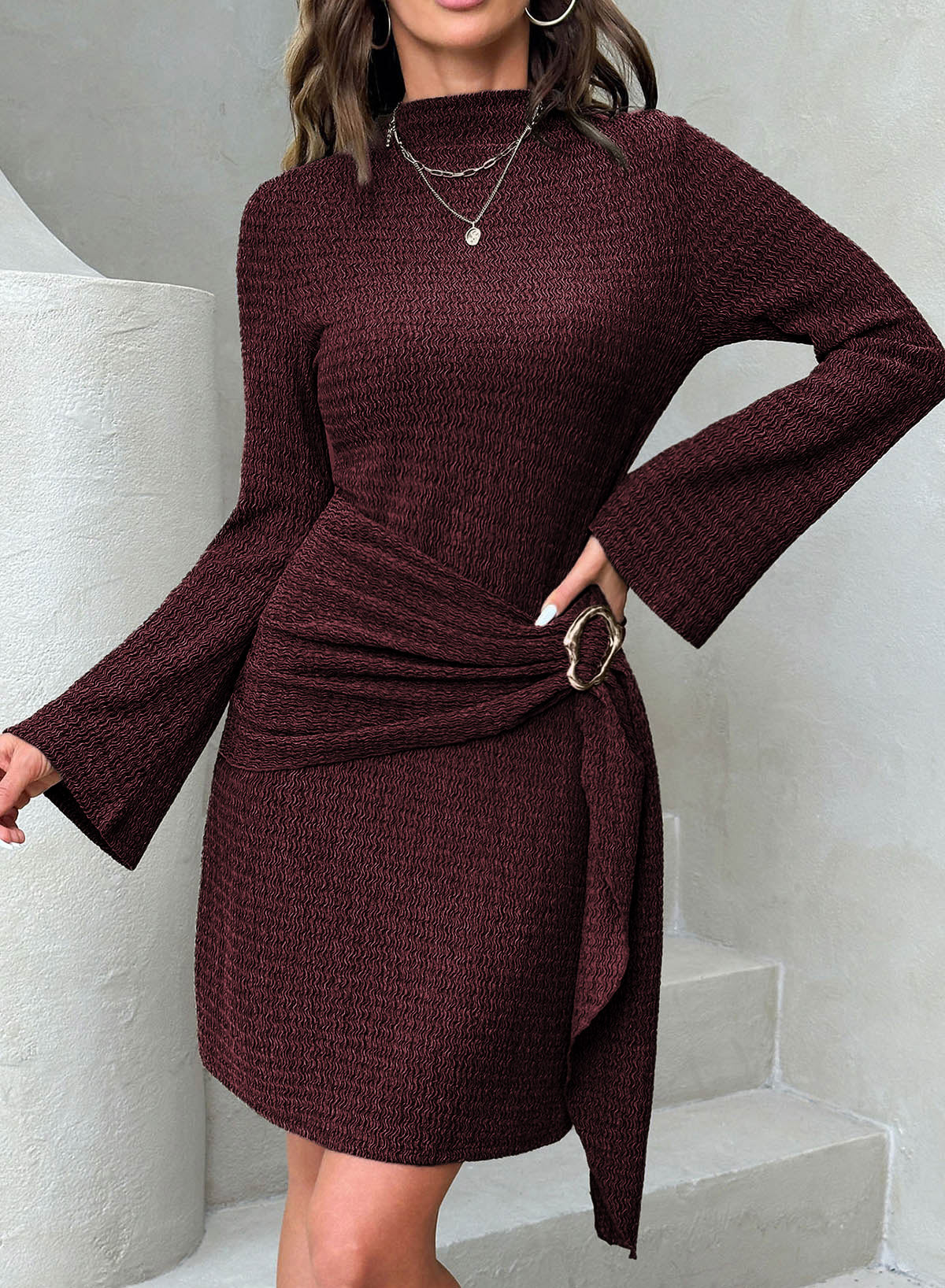 Womens Bell Long Sleeve Mock Neck Tie Waist Ruched Mini Dresses