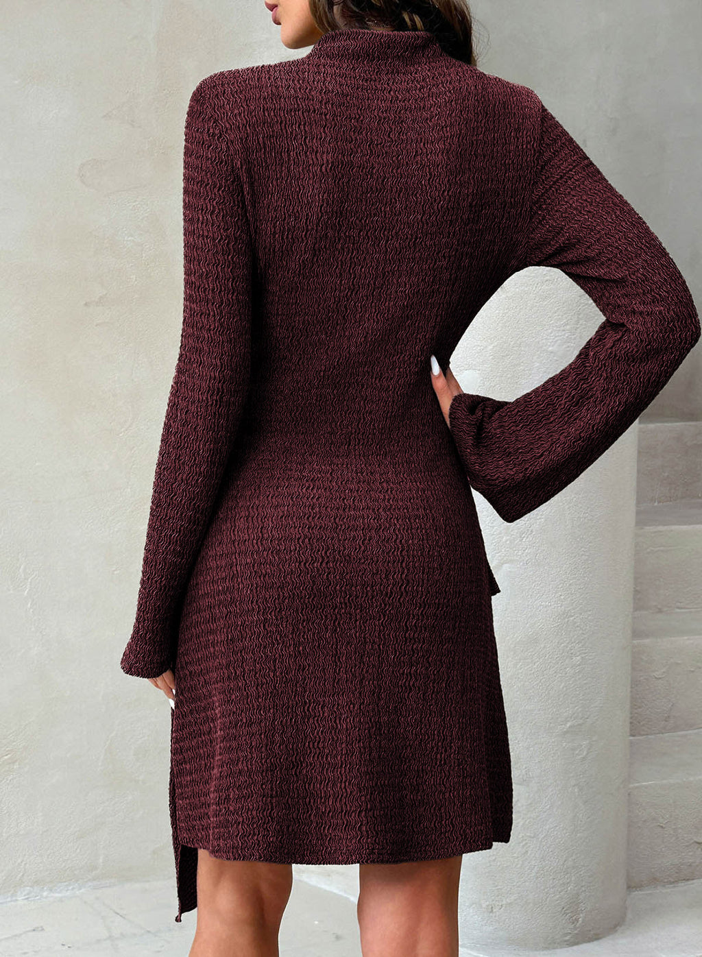 Womens Bell Long Sleeve Mock Neck Tie Waist Ruched Mini Dresses