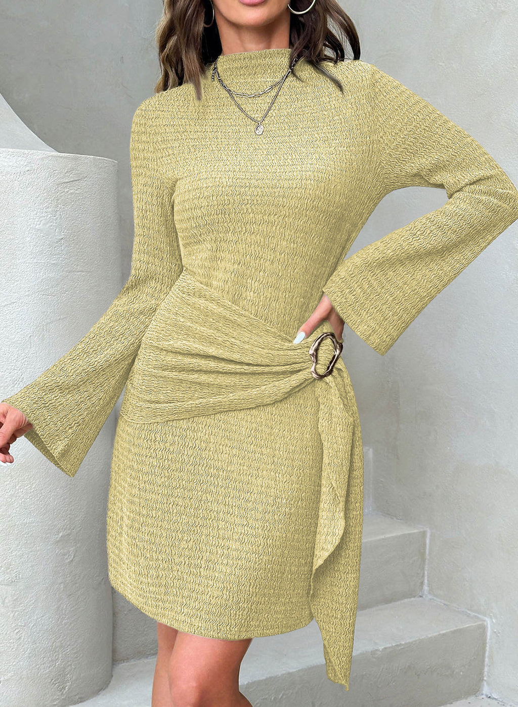 Womens Bell Long Sleeve Mock Neck Tie Waist Ruched Mini Dresses