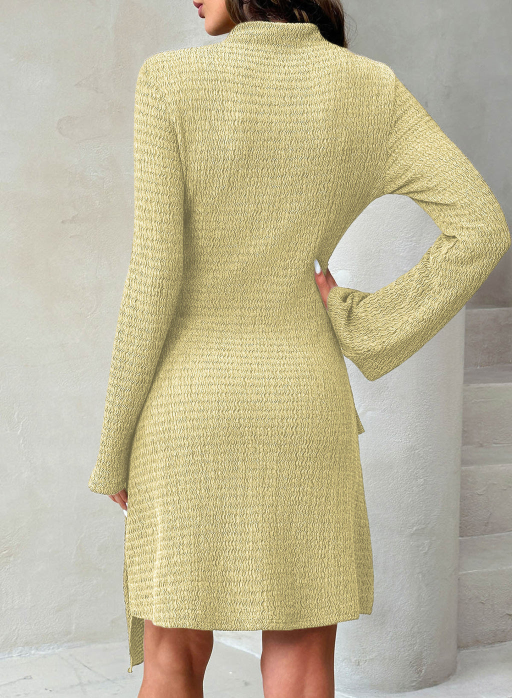 Womens Bell Long Sleeve Mock Neck Tie Waist Ruched Mini Dresses