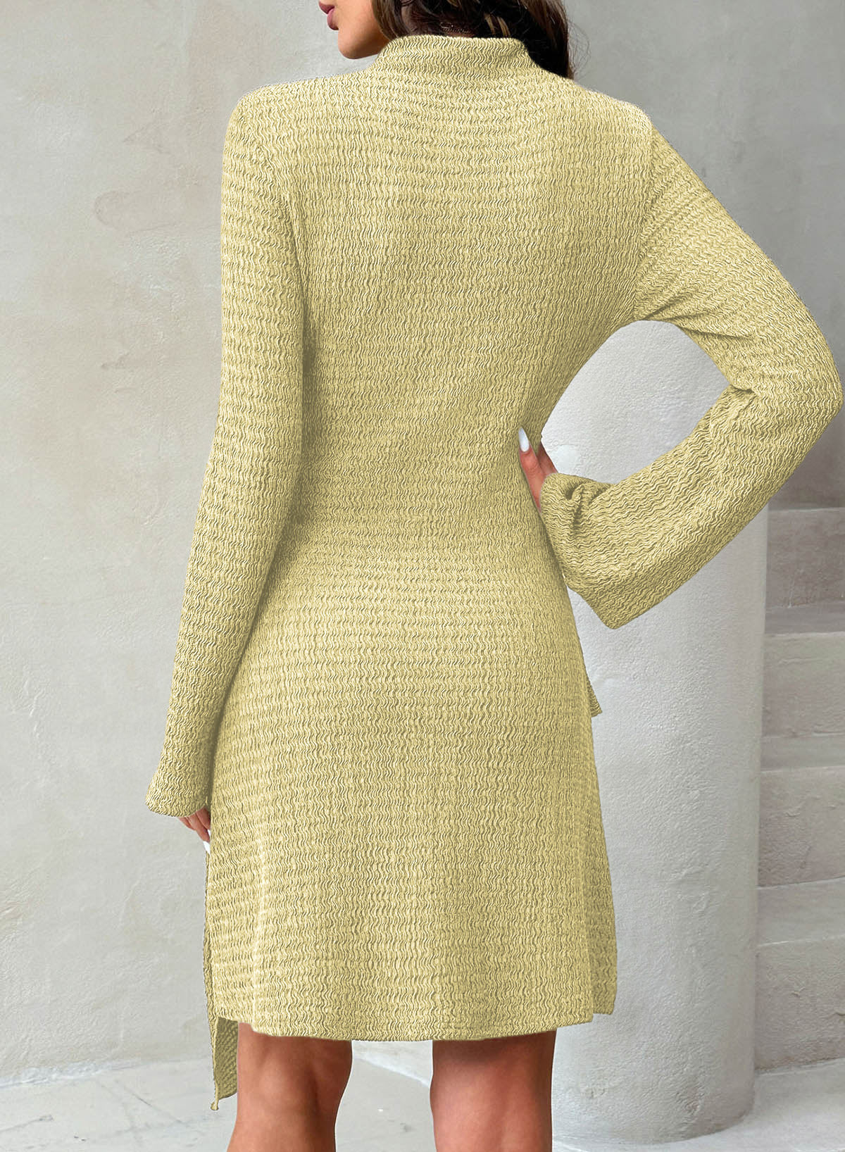 Womens Bell Long Sleeve Mock Neck Tie Waist Ruched Mini Dresses