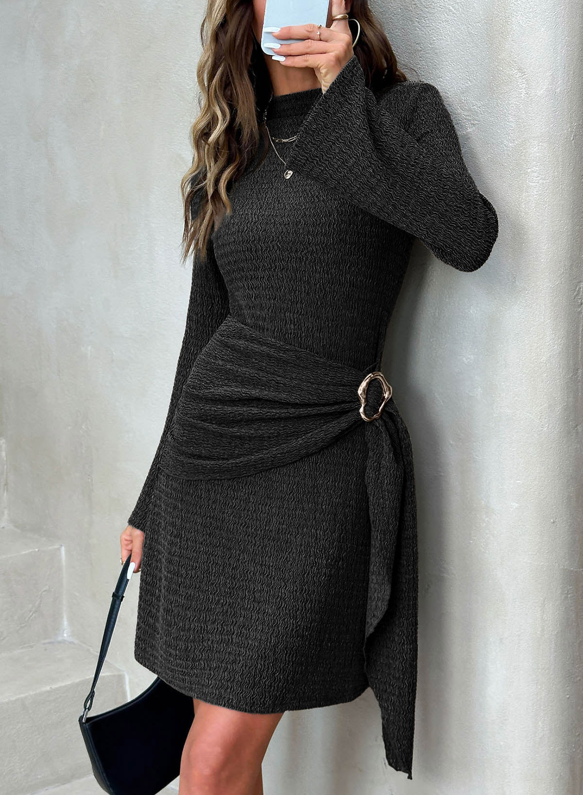 Womens Bell Long Sleeve Mock Neck Tie Waist Ruched Mini Dresses
