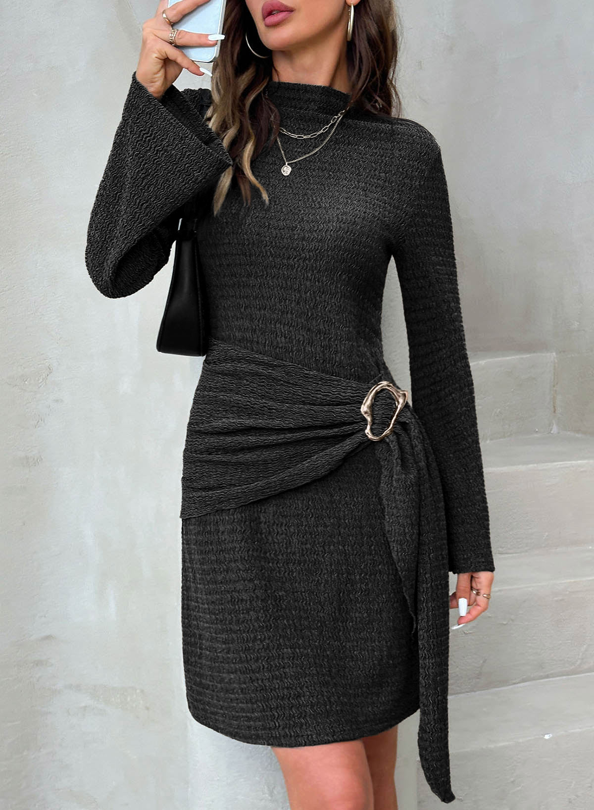 Womens Bell Long Sleeve Mock Neck Tie Waist Ruched Mini Dresses