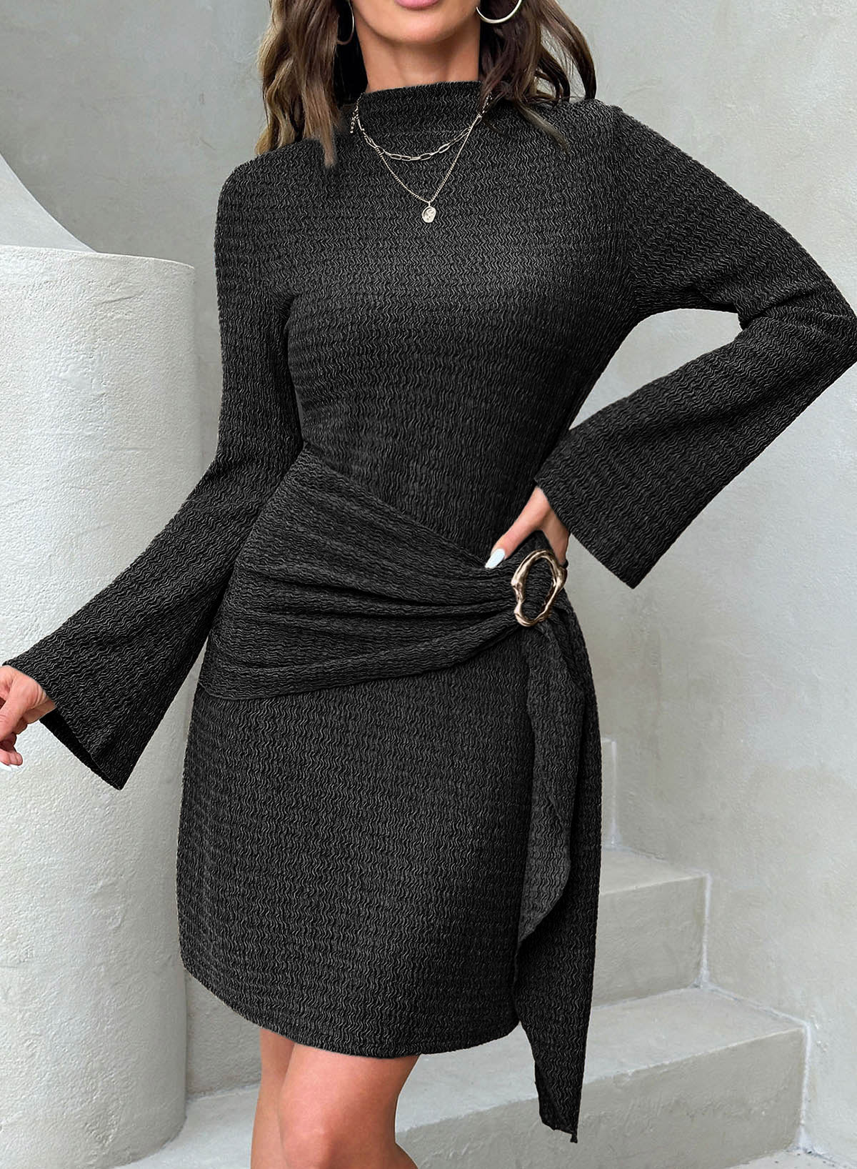 Womens Bell Long Sleeve Mock Neck Tie Waist Ruched Mini Dresses