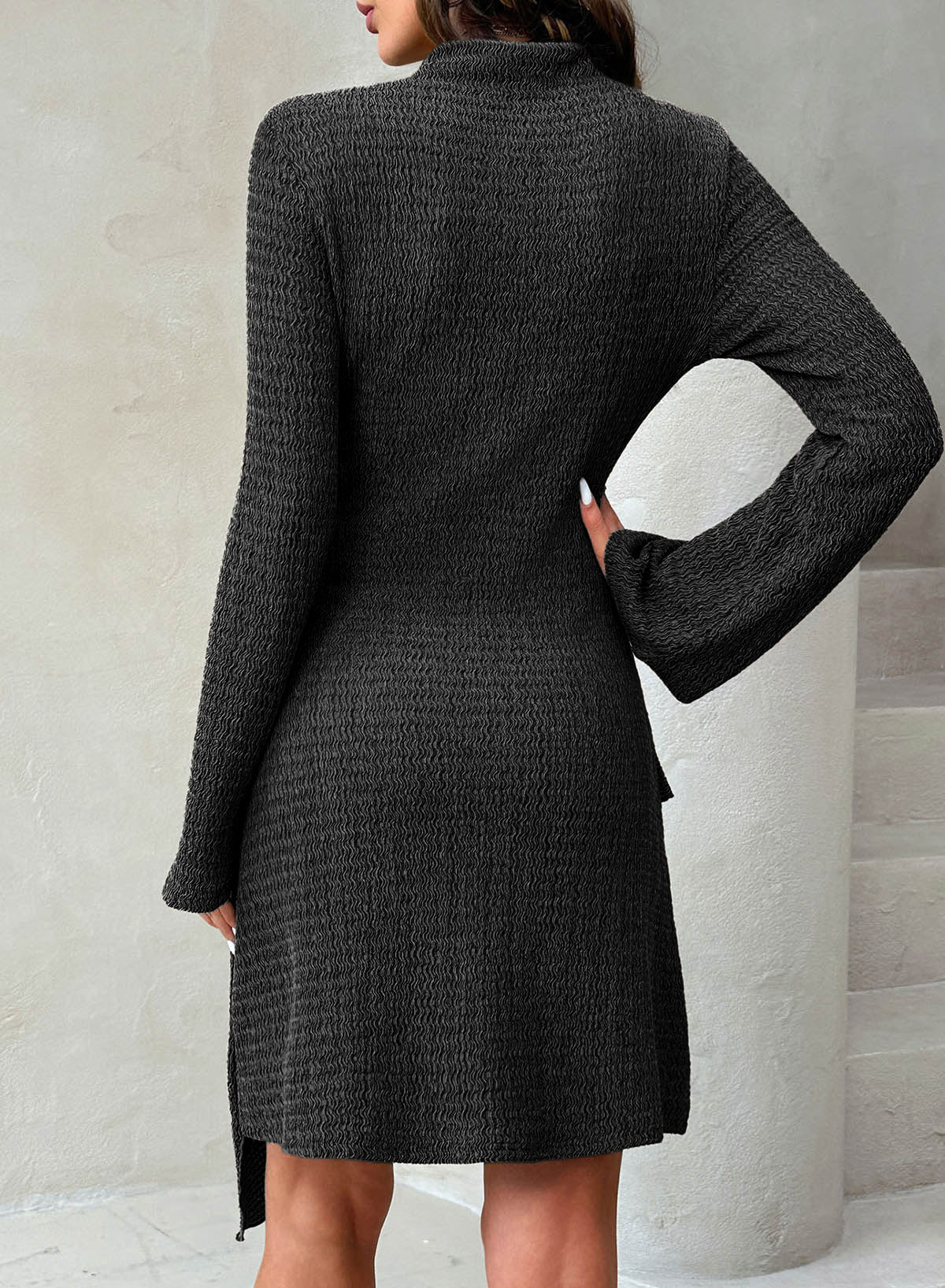 Womens Bell Long Sleeve Mock Neck Tie Waist Ruched Mini Dresses