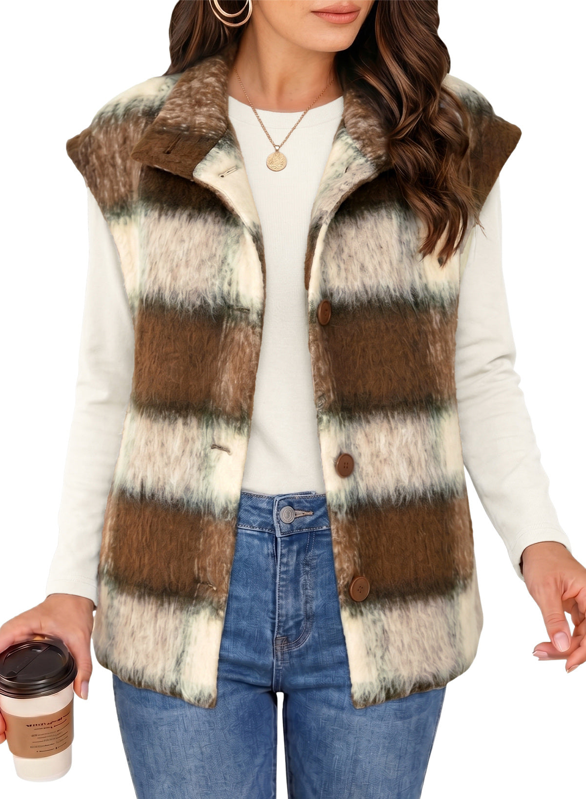 Dokotoo Oversized Plaid Vest Tops for Women Fleece Cap Sleeve Coats