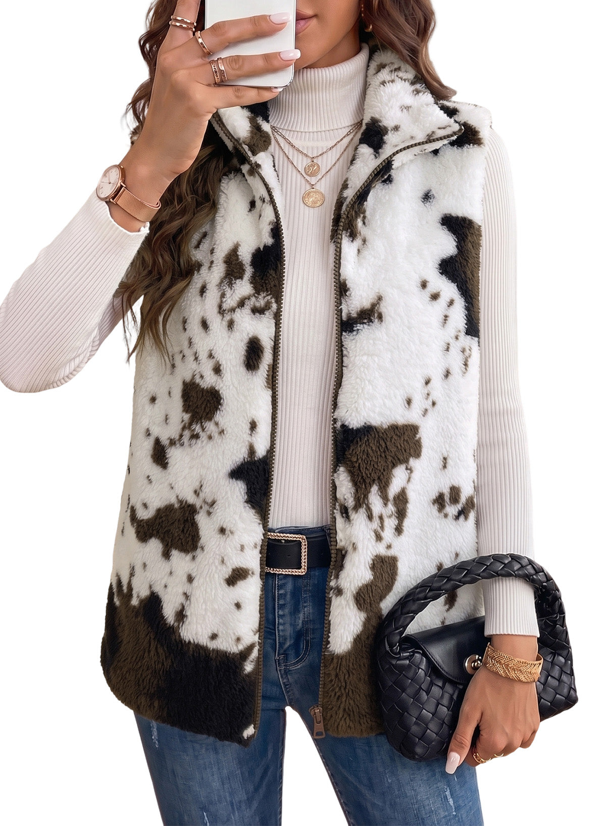 Dokotoo Womens Fleece Vest Zip Up Cow Print Sherpa Sleeveless Jacket
