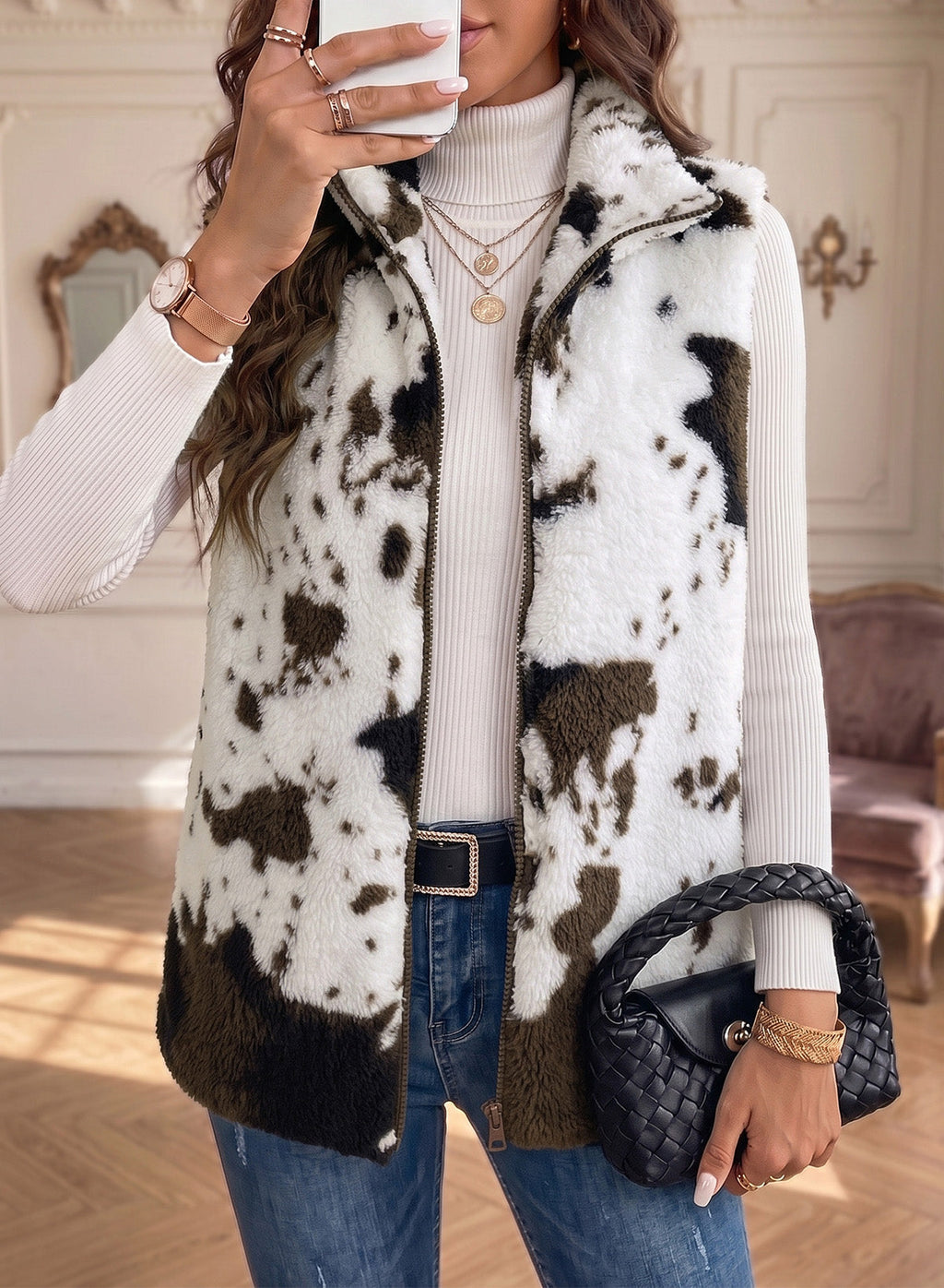 Dokotoo Womens Fleece Vest Zip Up Cow Print Sherpa Sleeveless Jacket