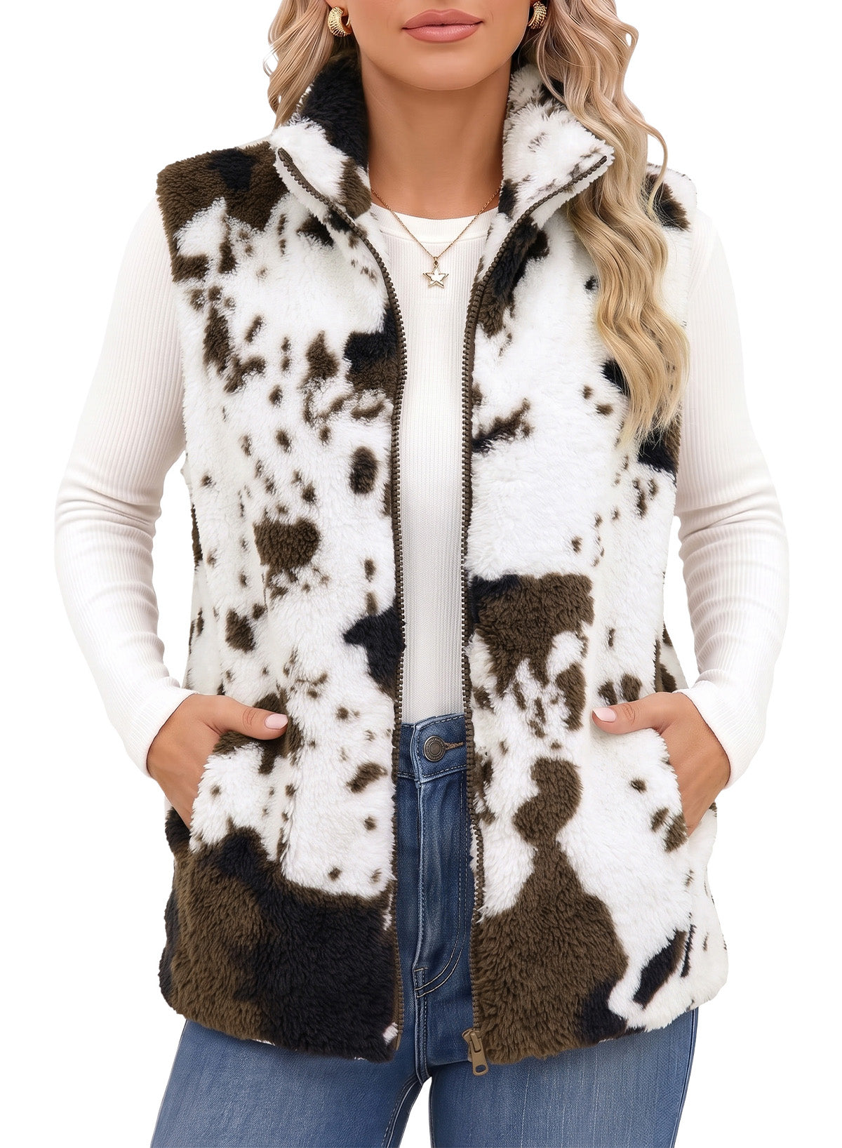 Dokotoo Womens Fleece Vest Zip Up Cow Print Sherpa Sleeveless Jacket