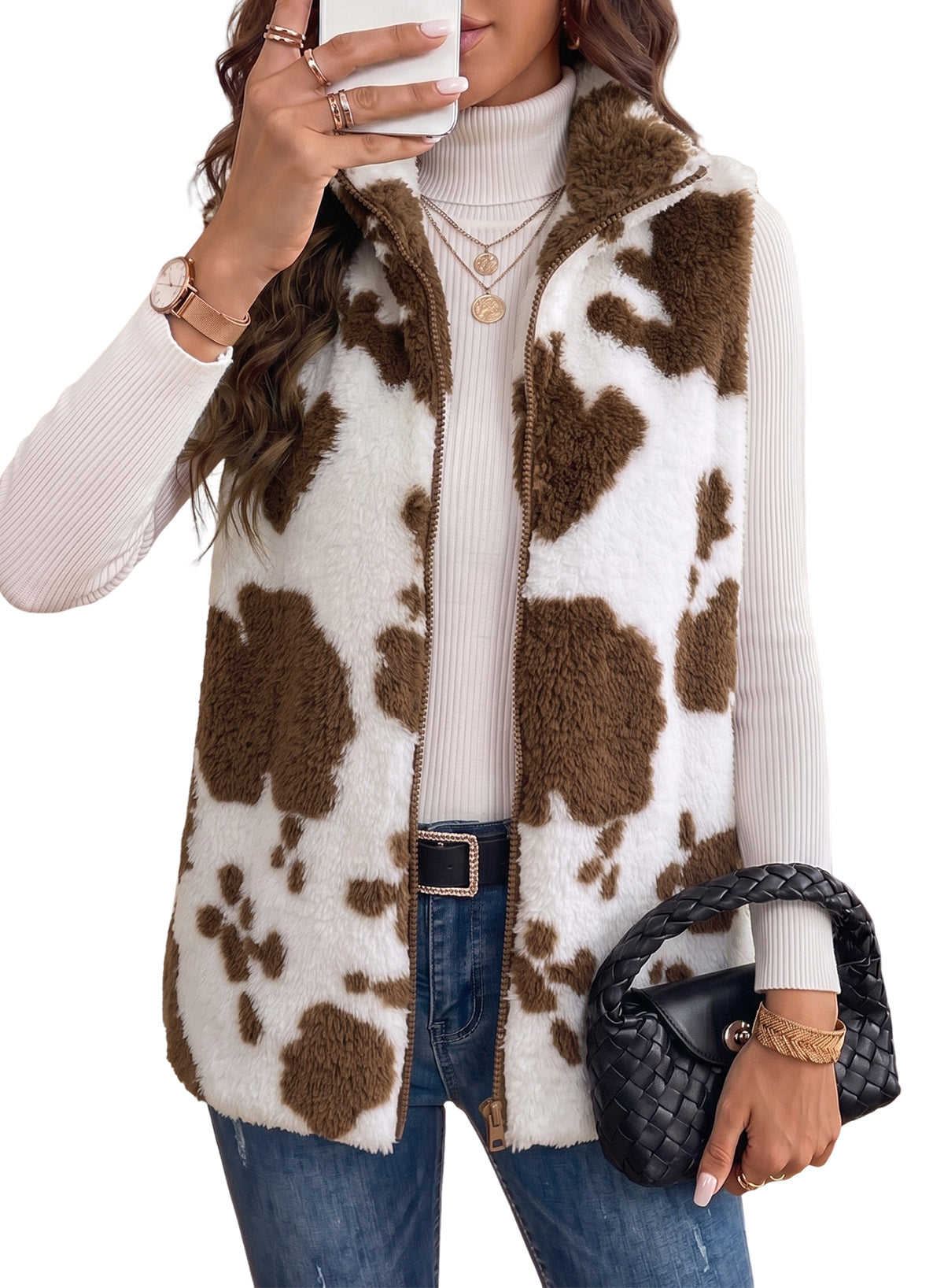 Dokotoo Womens Fleece Vest Zip Up Cow Print Sherpa Sleeveless Jacket