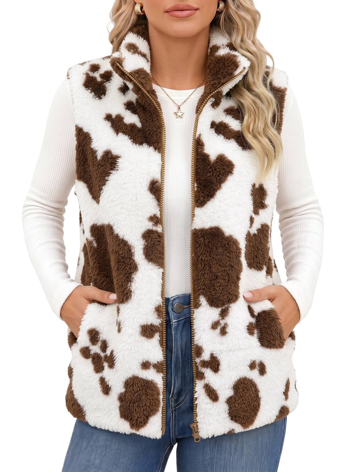 Dokotoo Womens Fleece Vest Zip Up Cow Print Sherpa Sleeveless Jacket