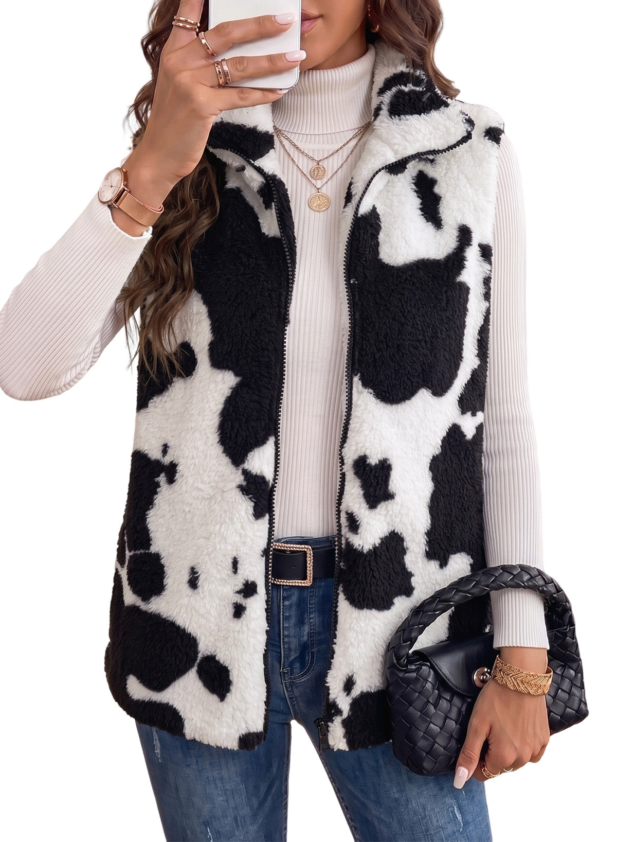 Dokotoo Womens Fleece Vest Zip Up Cow Print Sherpa Sleeveless Jacket
