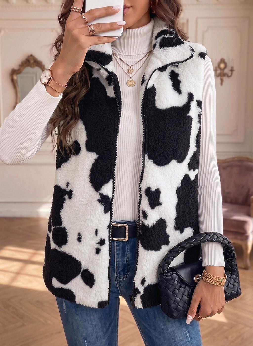 Dokotoo Womens Fleece Vest Zip Up Cow Print Sherpa Sleeveless Jacket