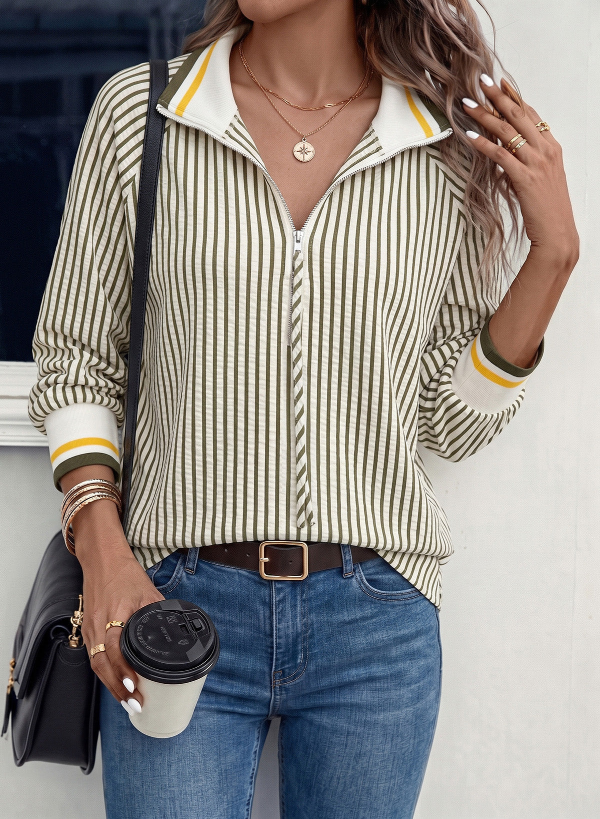Dokotoo Women's 3/4 Sleeve Tops Striped Half Zip 2026 Fall Shirts Blouses