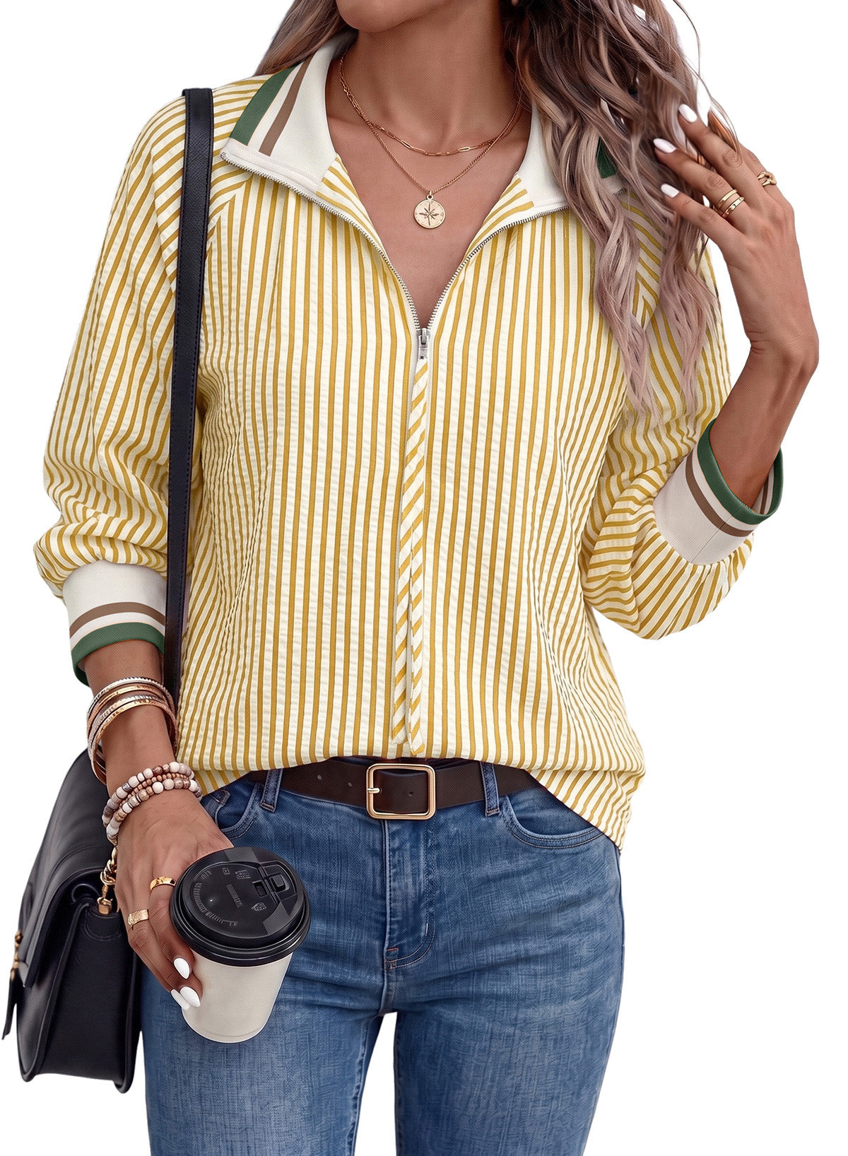Dokotoo Women's 3/4 Sleeve Tops Striped Half Zip 2026 Fall Shirts Blouses